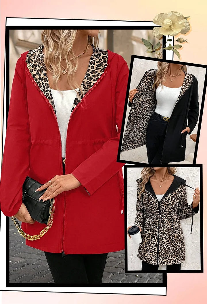 Vendbar frakke med hætte og leopardprint