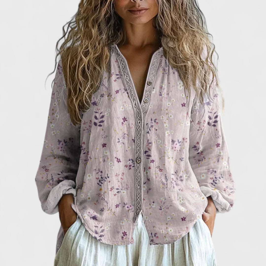 Amber - Vintage Bluse Med Bladprint