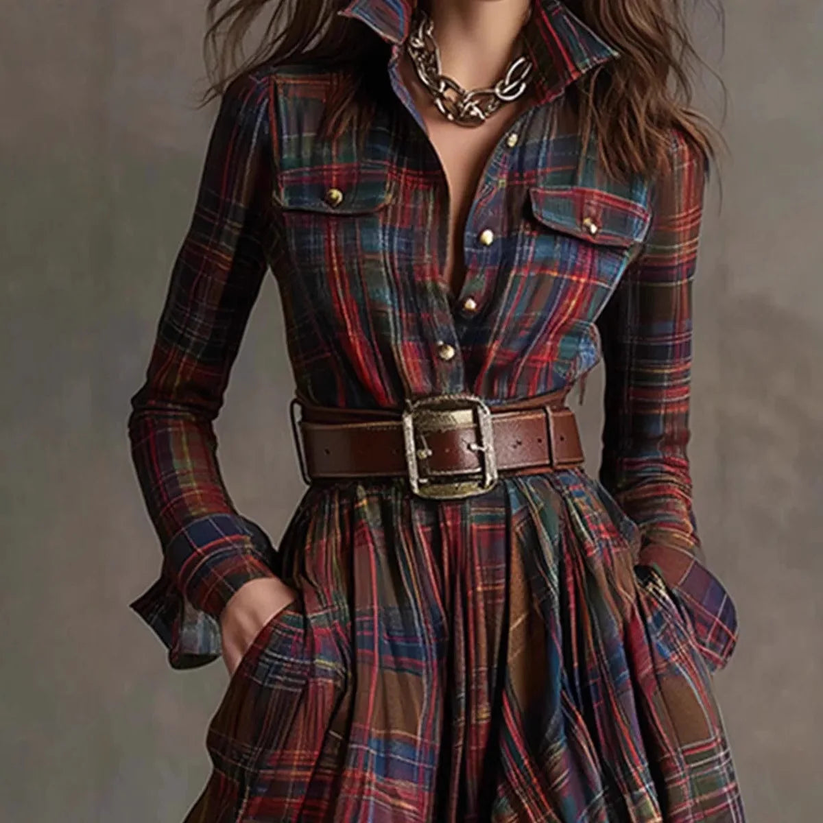Elizabeth | Plaid-maxi-kjole med bælte