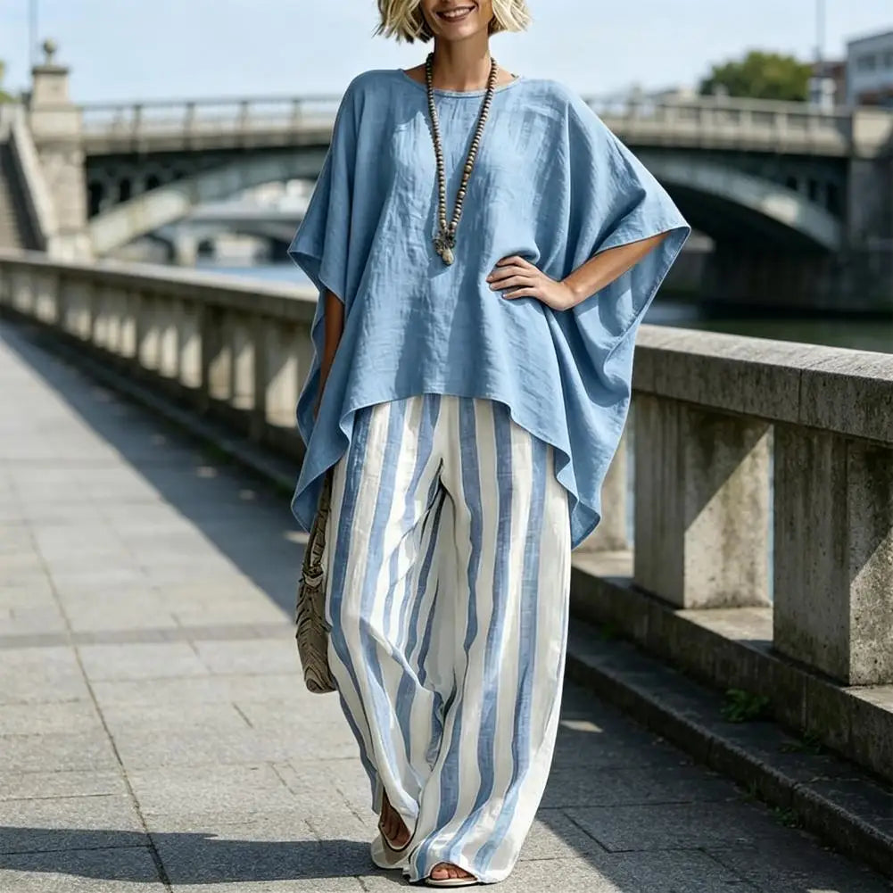Cotton Linen Women T-shirt Pants Two Piece Set Summer O-Neck Short Batwing Sleeves Shirt Striped Trousers Loose Top Pants Suit