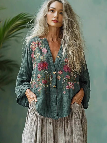 Vintage Floral Printed Shirts Blouse for Women Single Breasted V-Neck Long Sleeve Spring Fashion Harajuku Retro Tops Blouse 2025