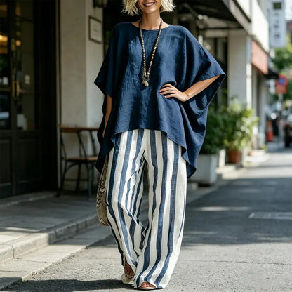 Cotton Linen Women T-shirt Pants Two Piece Set Summer O-Neck Short Batwing Sleeves Shirt Striped Trousers Loose Top Pants Suit