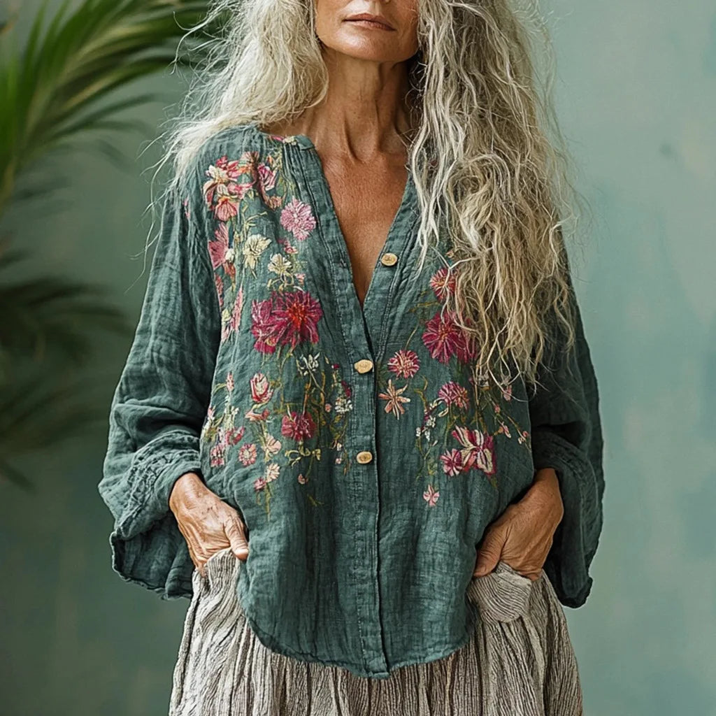 Vintage Floral Printed Shirts Blouse for Women Single Breasted V-Neck Long Sleeve Spring Fashion Harajuku Retro Tops Blouse 2025