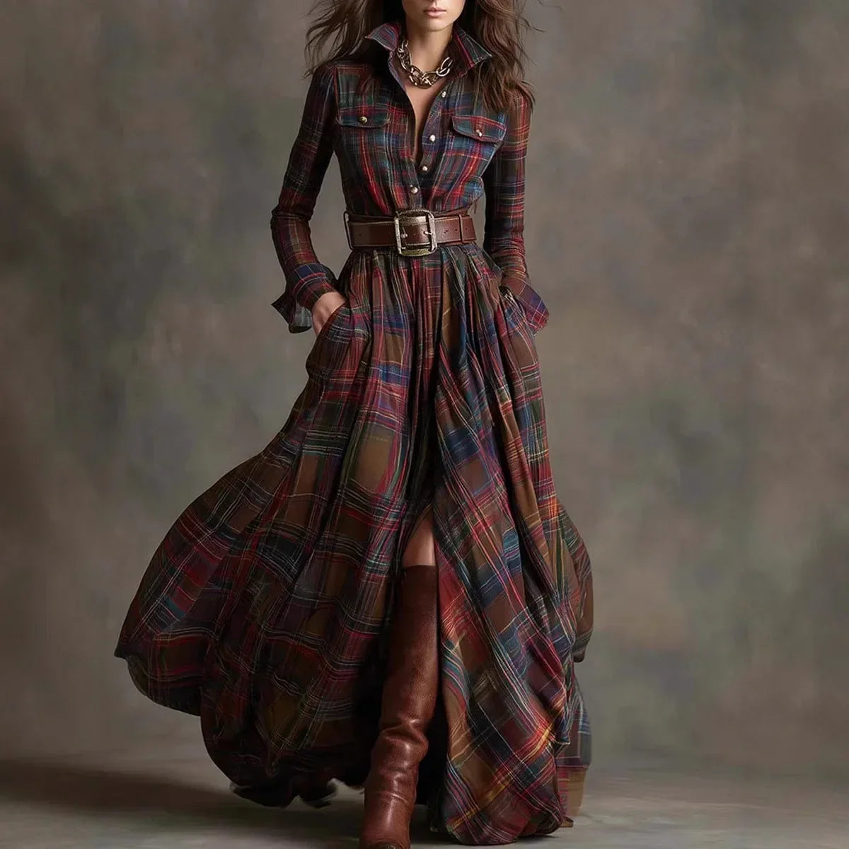 Elizabeth | Plaid-maxi-kjole med bælte