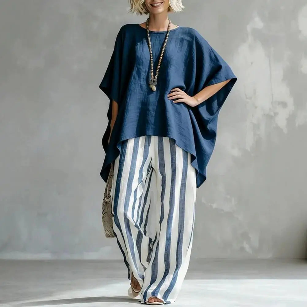 Cotton Linen Women T-shirt Pants Two Piece Set Summer O-Neck Short Batwing Sleeves Shirt Striped Trousers Loose Top Pants Suit