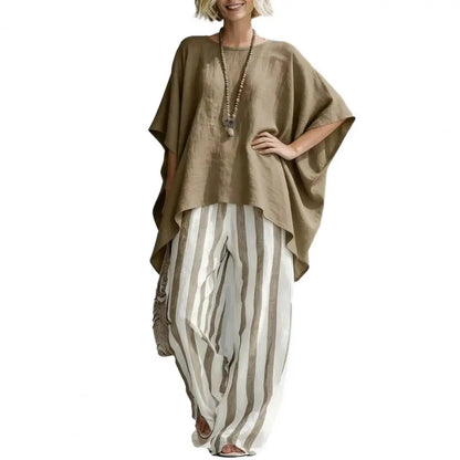 Cotton Linen Women T-shirt Pants Two Piece Set Summer O-Neck Short Batwing Sleeves Shirt Striped Trousers Loose Top Pants Suit