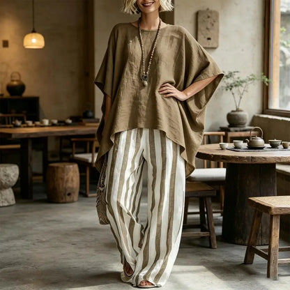 Cotton Linen Women T-shirt Pants Two Piece Set Summer O-Neck Short Batwing Sleeves Shirt Striped Trousers Loose Top Pants Suit