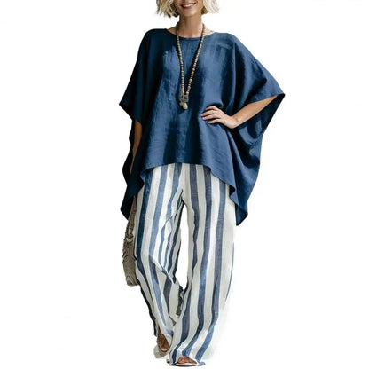 Cotton Linen Women T-shirt Pants Two Piece Set Summer O-Neck Short Batwing Sleeves Shirt Striped Trousers Loose Top Pants Suit