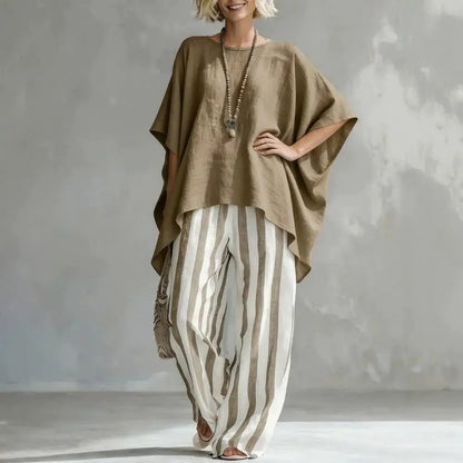 Cotton Linen Women T-shirt Pants Two Piece Set Summer O-Neck Short Batwing Sleeves Shirt Striped Trousers Loose Top Pants Suit