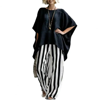 Cotton Linen Women T-shirt Pants Two Piece Set Summer O-Neck Short Batwing Sleeves Shirt Striped Trousers Loose Top Pants Suit