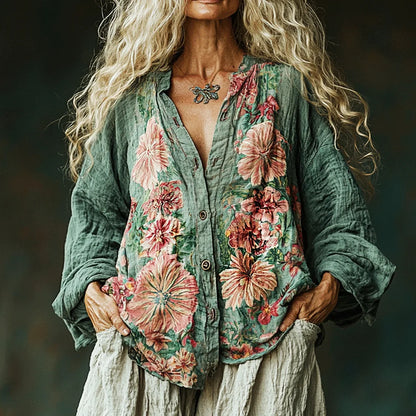 Vintage Floral Printed Shirts Blouse for Women Single Breasted V-Neck Long Sleeve Spring Fashion Harajuku Retro Tops Blouse 2025