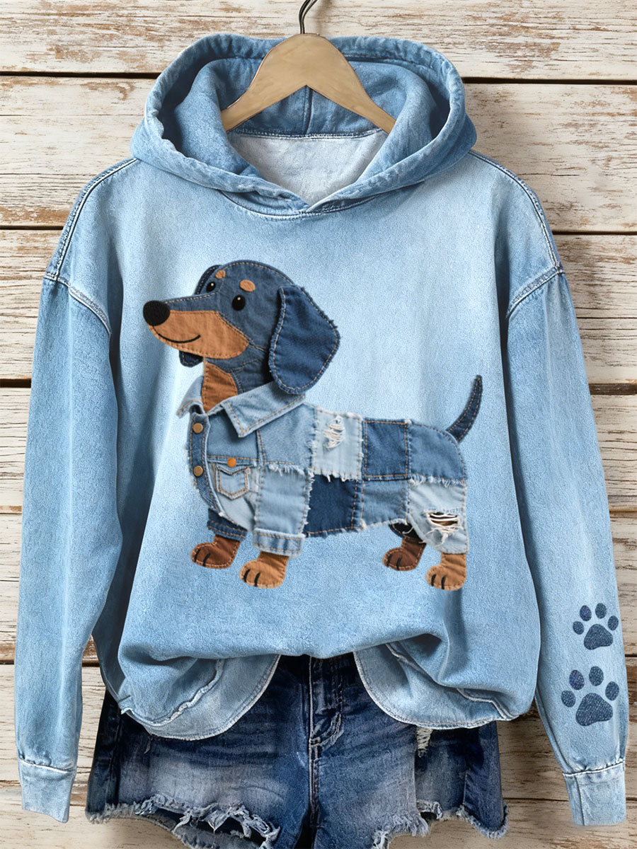 Estrella – Dame-sweatshirt med patchwork-kunst og gravhunde-motiv